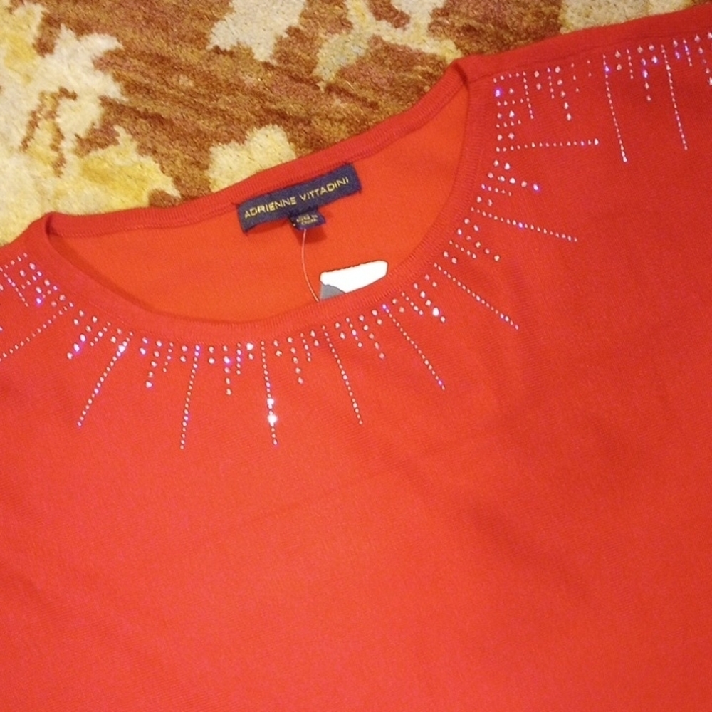 Adrienne Vittadini Vibrant Red Crew Neck Sweater with Bling!! - Picture 7 of 8